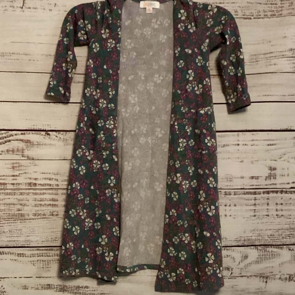 LuLaRoe Kids Sariah Cardigan Jacket - Green and Pinkish Purple Floral